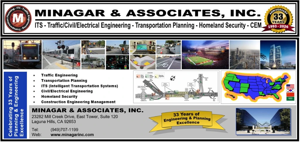 Minagar & Associates, Inc. 33-year company overview banner (1993-2026) with services, project collage, Laguna Hills address, and U.S. map