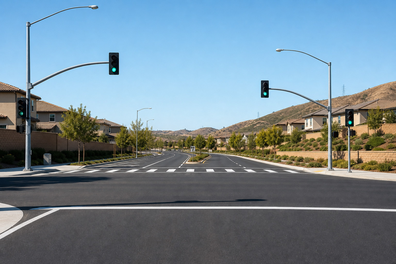Suburban signalized intersection at Alta Vista and Copper Hill in Santa Clarita