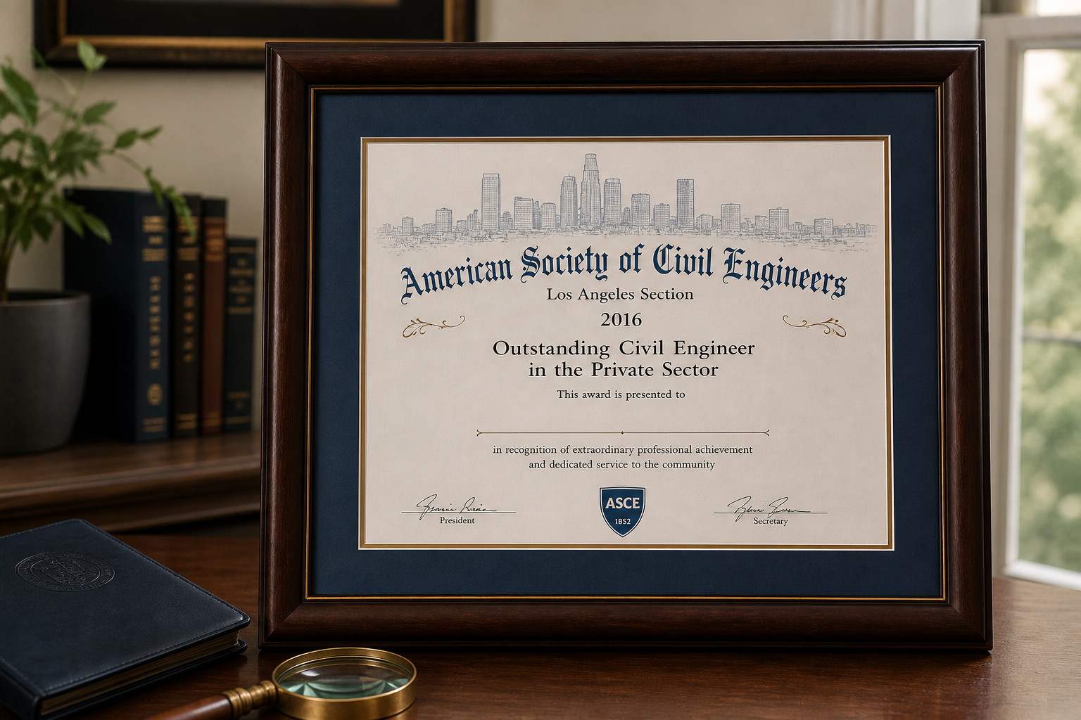 2016 ASCE Los Angeles Section Outstanding Civil Engineer framed certificate