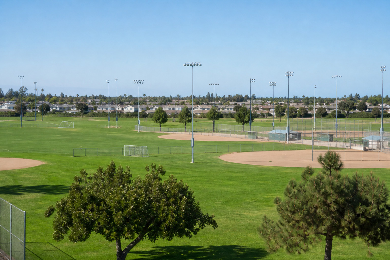 Huntington Beach Central Park sports fields and empty baseball diamonds