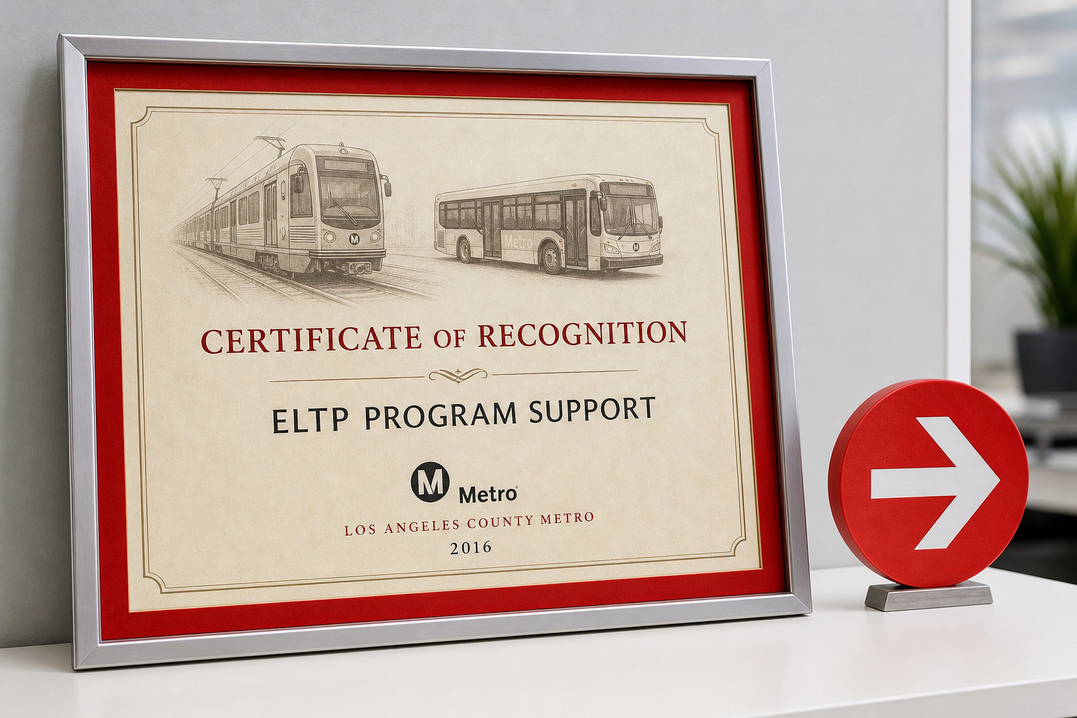 2016 LA Metro Certificate of Recognition for ELTP Program Support