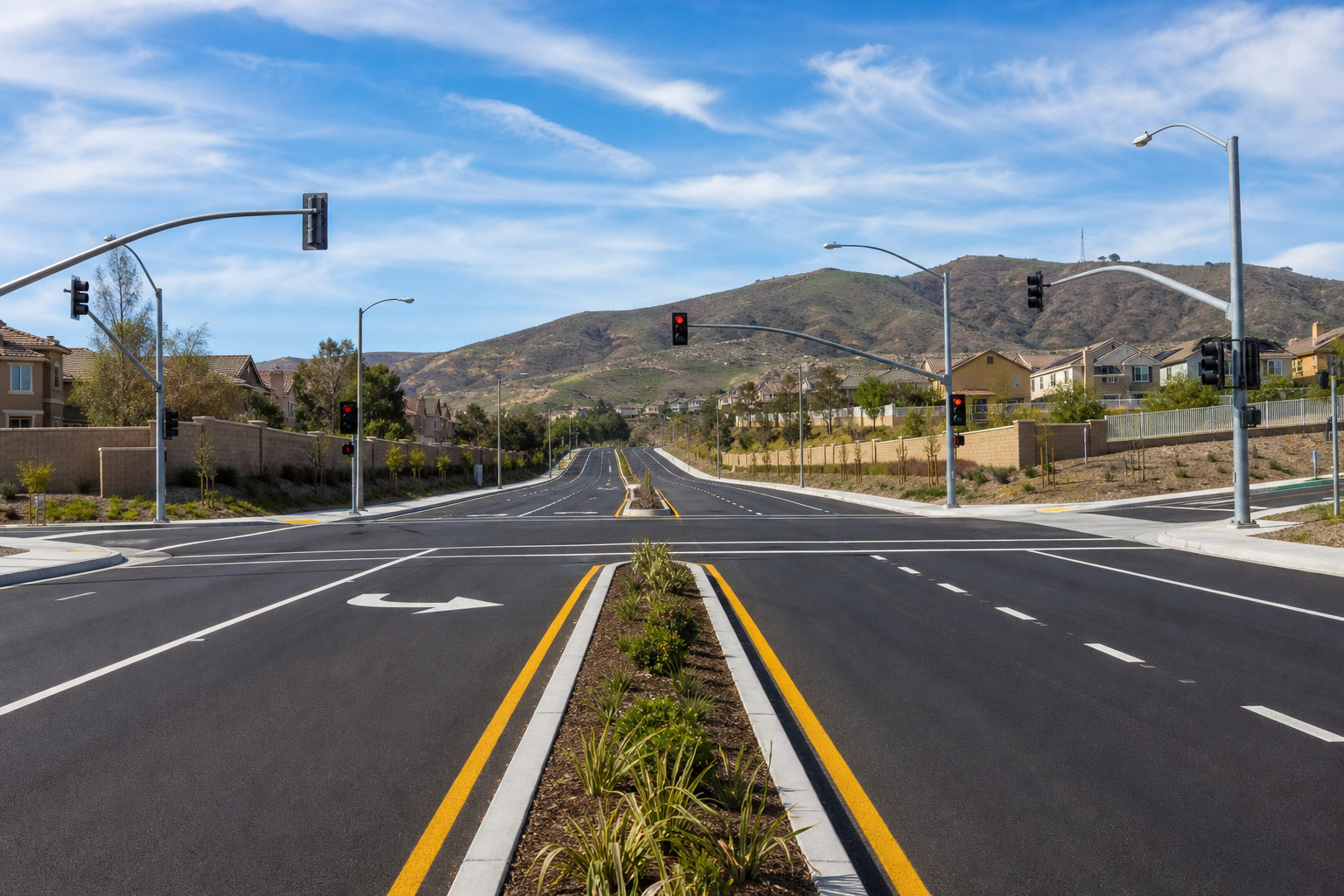 Chino Hills arterial street with a landscaped median and fresh striping