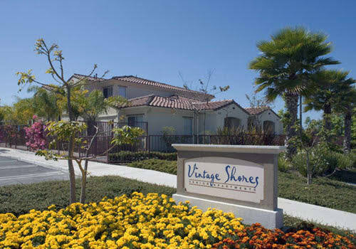 Vintage Shores Senior Apartments monument sign with beige building, palm trees, and yellow flowers